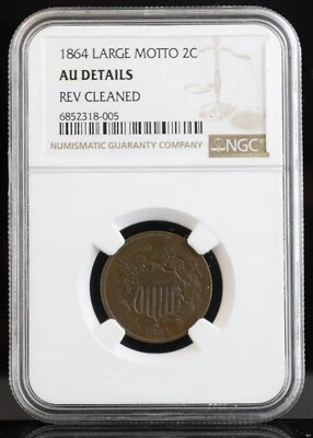 1864 Shield 2 Cent Large Motto NGC AU Details-REV Cleaned - Image 1 of 4