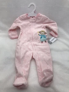 Carter's Girls 1 Piece Footed Sleeper Zip Up Fleece Pajamas Pink Monkey Size 9M - Picture 1 of 8