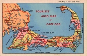 Touristenautokarte von Cape Cod Mass. Postkarte 30er Jahre P3 - Bild 1 von 2