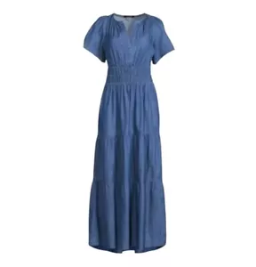 NEU Tommy Hilfiger Damen Stufen Split Neck Chambray Maxikleid Größe 8 - Bild 1 von 8