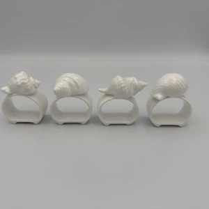 Creamy White Porcelain Seashell Design Napkin Rings 2" H - 2 1/4" L Set Of Four - Picture 1 of 14