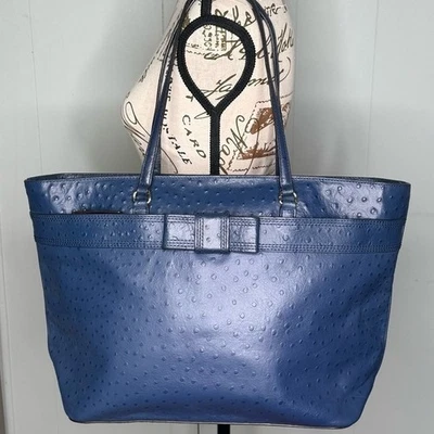 Kate Spade Ostrich Embossed Navy Leather Tote with Bow Detail - Image 1 of 4