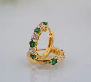 1.00CT Round Lab Created Emerald Diamond Hoop Earrings 14K Yellow Gold Plated - Picture 1 of 14