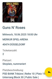 Guns N' Roses 2 Karten/ Tickets Düsseldorf Block 30 Unterrang 18.06.2025 - Bild 1 von 1
