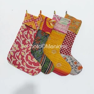 Personalised CHRISTMAS STOCKINGS Handcrafted,Floral kantha 4 pcs stockings her - Picture 1 of 2