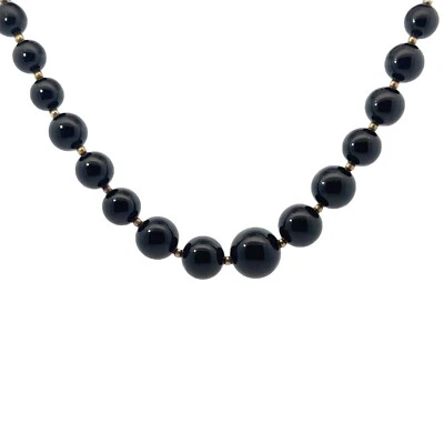14K Oro Amarillo Natural Pulido Ónice Negro 7.5-16mm Graduado Collar con Cuentas - Imagen 1 de 4