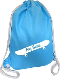 Skateboard Personalised AQUA BLUE COTTON Kids Childs School Sports Gym PE Bag - Picture 1 of 12