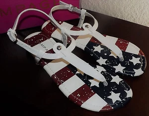 RAMPAGE SIZE 7.5 WOMENS  RED, WHITE, BLUE FLAG JULY 4 FLAT STRAPPY SANDALS SHOES - Picture 1 of 10