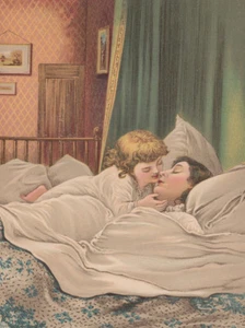 SWEET LITTLE GIRL GIVING HER MOM A MORNING KISS ANTIQUE LITHOGRAPH 1885 - Picture 1 of 2