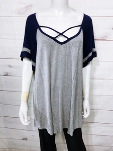 Torrid Womens Classic Fit Knit Scoop Neck Strappy Football Tee Sz 3 Gray & Blue - Picture 1 of 7