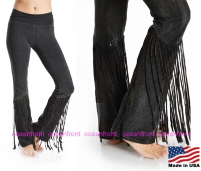 T Party Women's Studded Fringe Leg Mineral Wash Yoga Pants Solid Black USA Made - Image 1 of 4