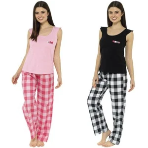 Pigiama da donna senza maniche a scacchi top senza arricciacapelli set pigiama nero/rosa taglia 8-22 - Foto 1 di 9