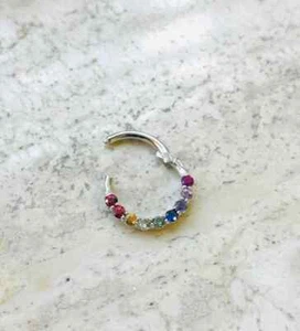 Rainbow Septum Ring Clicker Daith Hoop with Natural Sapphire 14kGold Rook Tragus - Picture 1 of 3