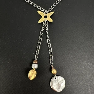 Vtg Double Pendant Necklace Gold Silver Tone Shapes on 36" Chain - Picture 1 of 8
