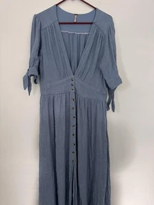 Free People Kleid Damen Large Blau Gaze Knopfleiste V-Ausschnitt Bindeärmel Midi - Bild 1 von 9