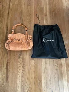 B. Makowsky Leather Drawstring Purse Handbag Satchel - Tangerine Orange Pebble - Picture 1 of 15