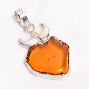 Sterling Silver Fancy Cut Natural Baltic Amber Bezel Mother Engagement Pendant - Picture 1 of 6
