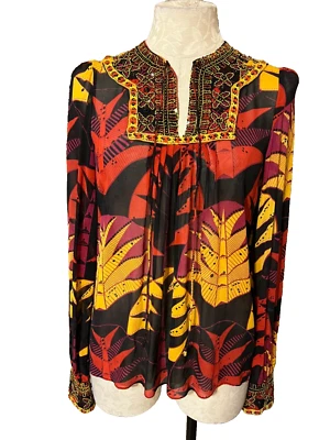 Top Anthropologie Nieves Lavi Rojo Negro Amarillo Mediano M Cuentas Manga Larga Seda Foto 1 de 4