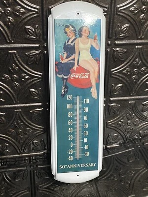 COCA-COLA 50th Anniversary Metal Wall Thermometer Coke 1886-1936 Girls - Image 1 of 4