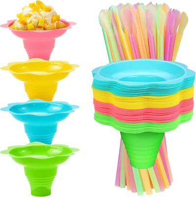 50 PCS Colorful Flower Snow Cone Cups with Cone Spoon Straws,Small Reusable Plas - Image 1 of 4