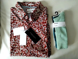DENIM & FLOWER Men's Short-Sleeve STRETCH Floral Shirt SZ XL w/SONOMA Socks!! - Picture 1 of 5