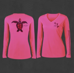 Ladies PINK V-Neck Turtle Performance Fishing Shirts   - Picture 1 of 3