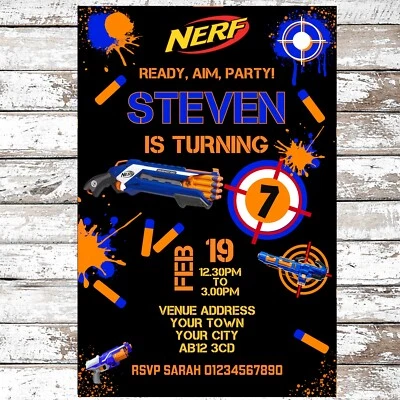 PERSONALISED NERF BIRTHDAY PARTY INVITATIONS INVITES PACK OF 10 + ENVELOPES