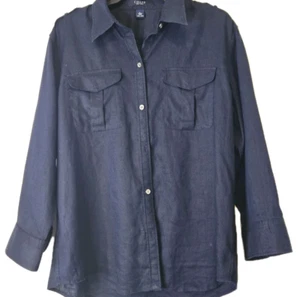 Ralph Lauren Chaps 100% Linen Shirt Women's L Navy Button Up Quiet Luxury Old $ - Picture 1 of 13