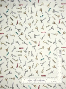 Sewing Scissors Measure Tape Ecru Cotton Fabric QT Cute As A Button By The Yard - Picture 1 of 1