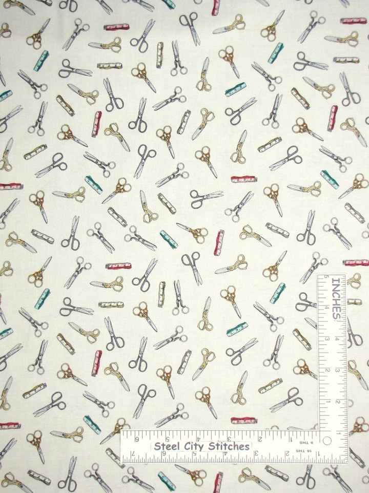 Sewing Scissors Measure Tape Ecru Cotton Fabric QT Cute As A Button By The Yard - Image 1 of 1