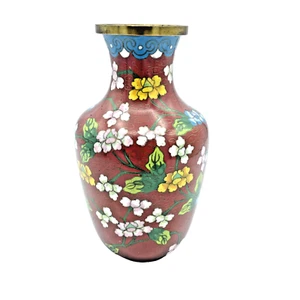 Vintage Chinese Cloisonne Vase Brass Enamel Red Ground Lotus Flowers 6" - Picture 1 of 6