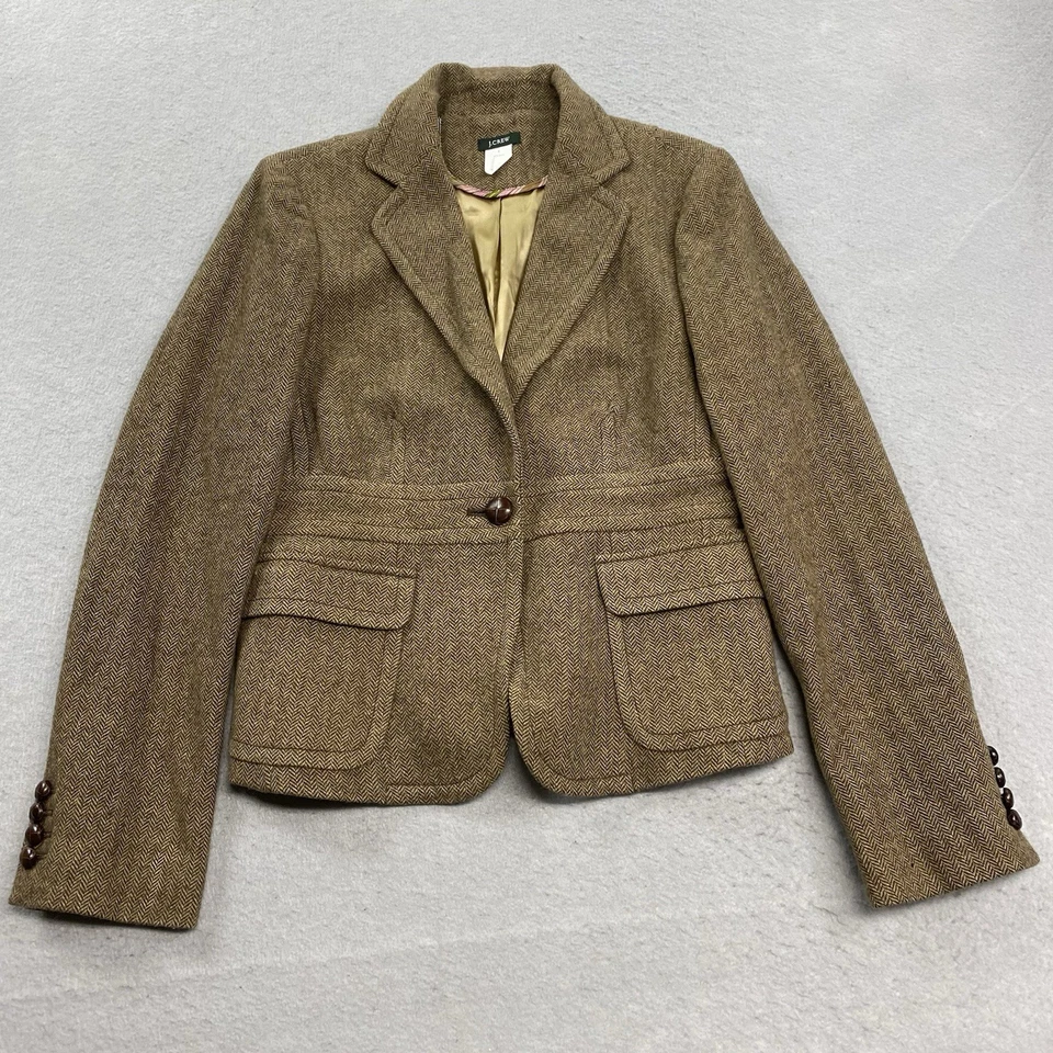 J Crew 夹克女式 6 棕色西装外套人字形羊毛混纺木质纽扣 — 第 1/4 张图片