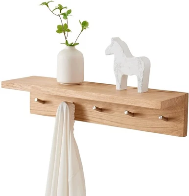 20in Oak Wood Wall Shelf with Hooks Entryway Coat Rack Floating Hat Towel Rail - Image 1 of 4