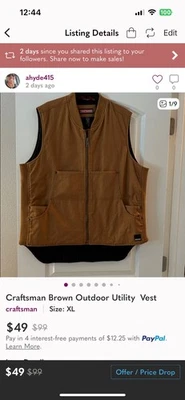 Craftsman 男式帆布背心 XL 棕色工作服,有衬里 — 第 1/4 张图片