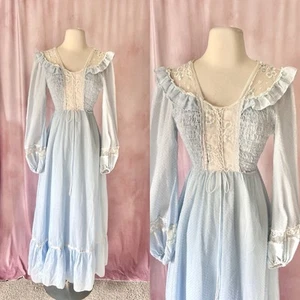 Vintage 1970s Prairie Dress Baby Blue Balloon Smock Lace Victorian Cottage Gunne - Picture 1 of 11