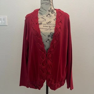 Jones New York Signature Woman 2X Red Braided Open Front Cardigan Sweater - Picture 1 of 9
