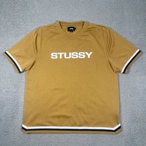 Stussy Basketball Tee Mens L Gold Streetwear Luxury Spellout Jersey Short Sleeve - Picture 1 of 9