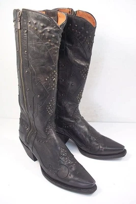 DAN POST WOMEN'S 8.5 M TALL ZIPPER BLACK STUDDED WESTERN BOOTS SNIP TOE - Image 1 of 4