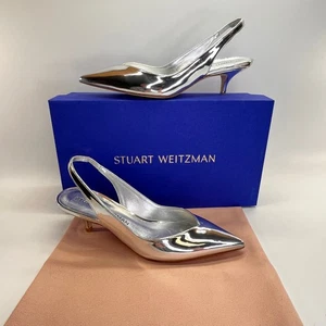 Stuart Weitzman EVA 50 Slingback Heels Sz 6.5 Silver Metallic Kitten Pointed Toe - Picture 1 of 14