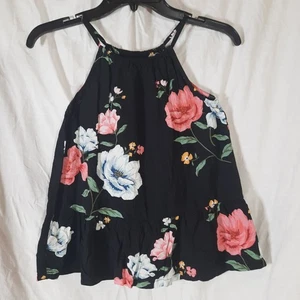 Old Navy Black Pink Rose Floral Spaghetti Strap Tank Top Girls Size L 10-12 - Picture 1 of 6