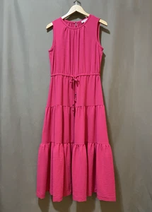 NWOT Calvin Klein Women Sleeveless Tie Waist Tiered Texture Maxi Dress SZ 8 Pink - Picture 1 of 12