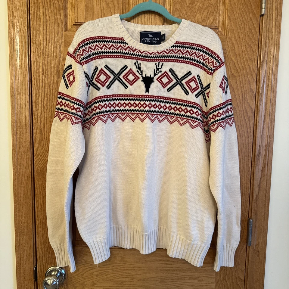 Suéter de esquí retro Fair Isle estampado de ciervos para hombre XXL suéter nórdico American Living Foto 1 de 4