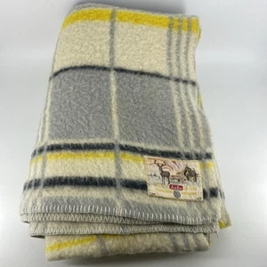 Vintage AaBe Wool Blanket Plaid Yellow Grey 100 Percent Wool Holland Made - Picture 1 of 6