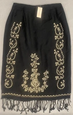 Vestido Barn Petites Mujer’s Falda 8P Negro Línea A Midi Bordado Flecos Retro Foto 1 de 4