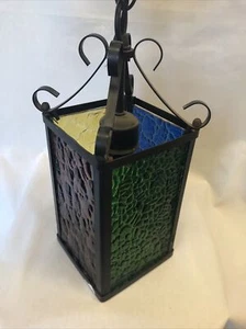 mcm black iron hanging light fixture With multicolor pebbled pressed glass panes - Picture 1 of 11