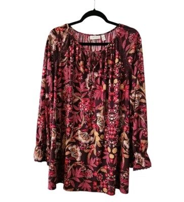 Top Susan Graver para mujer 3X púrpura floral manga larga volantes ojo de cerradura lazo cuello Foto 1 de 4