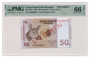 CONGO banknote 50 Centimes 1997 Specimen PMG MS 66 EPQ Gem Uncirculated - Picture 1 of 7