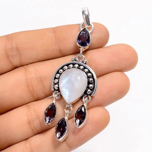 Rainbow Moonstone Amethyst Gemstone 925 Silver Handmade Pendant 2.5" ARP-5203 - Picture 1 of 3
