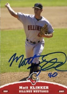 2007 Billings Mustangs MATT KLINKER Signed Card autograph AUTO reds FURMAN