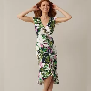 Joseph Ribkoff Tropical Wrap Dress Stretch Jersey Floral Print Midi Size US 10 - Picture 1 of 10